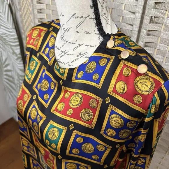 Vintage Talbots Petites Silk Blouse Size 14P Novelty Money Print French Cuffs - Picture 4 of 11